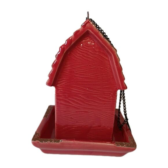Ceramic Red Barn Bird Feeder With Hanging Chain & Perch Stick 8 "x 6" x 6" - Picture 3 of 14